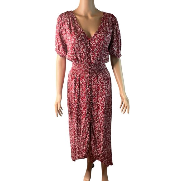 Chic Soul Dress Women’s 1XL Red White Floral Button Front Midi Dress High Low - Picture 1 of 8